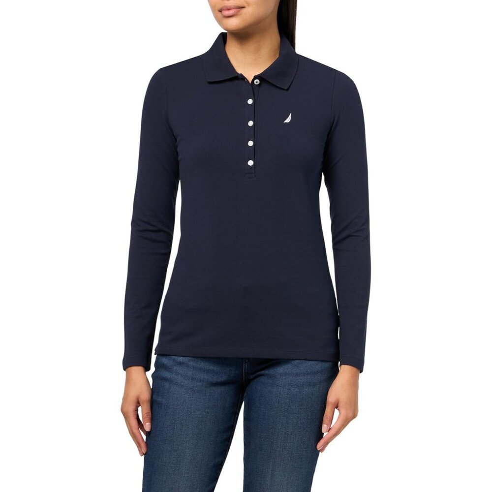 Women's Long Sleeve Cotton Polo Shirt Collared Night Sky Medium